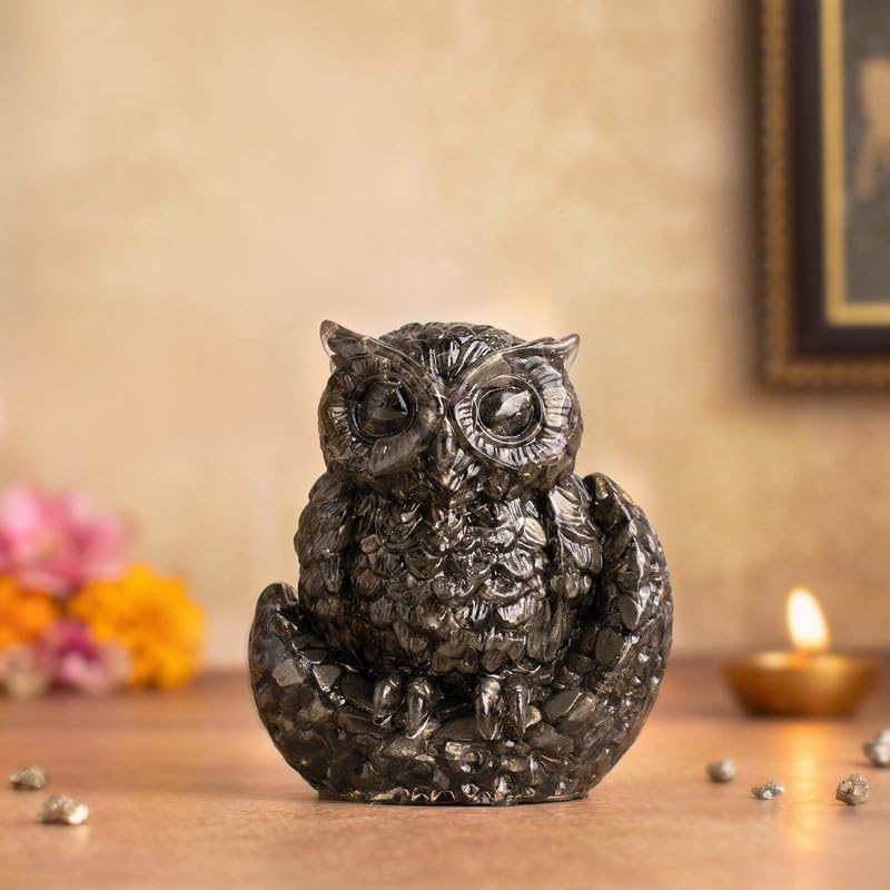 Astrotalk Pyrite Owl | Statue for Wealth, Success & Protection | Vastu Showpiece for Home Decor for Living Room & Office Desk | Vastu Items for Good Luck | Housewarming Gift