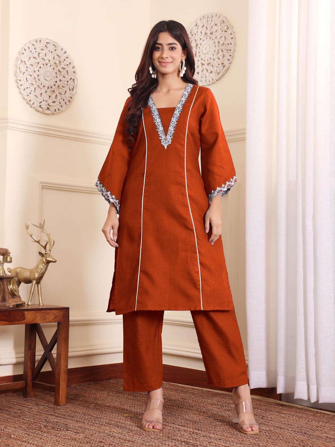 Varanga Zari Embroidered Rust Flared Sleeve Kurta With Trouser