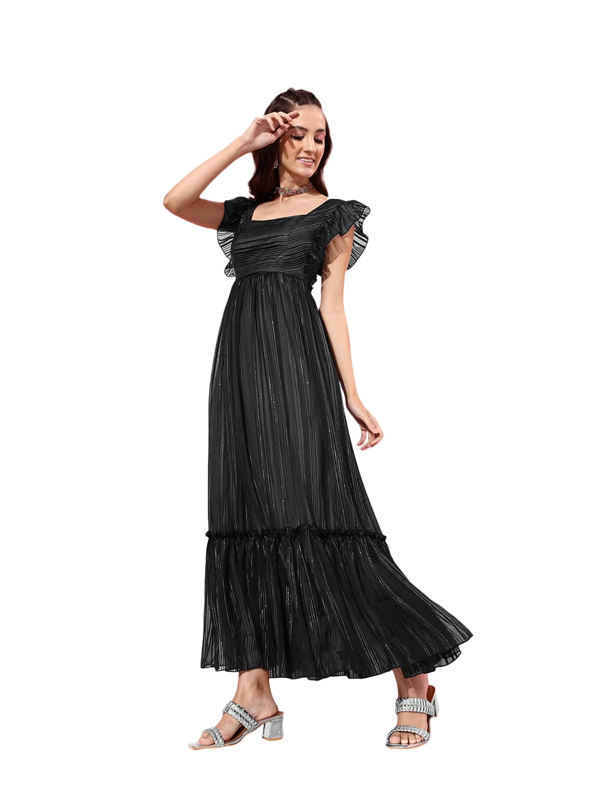 Miss Chase WomenS Black Square Neck Layered Ruffles Sleeve Floral Patterned Tiered Georgette Maxi Dress (Mcaw22D16-27-62-06, Bl