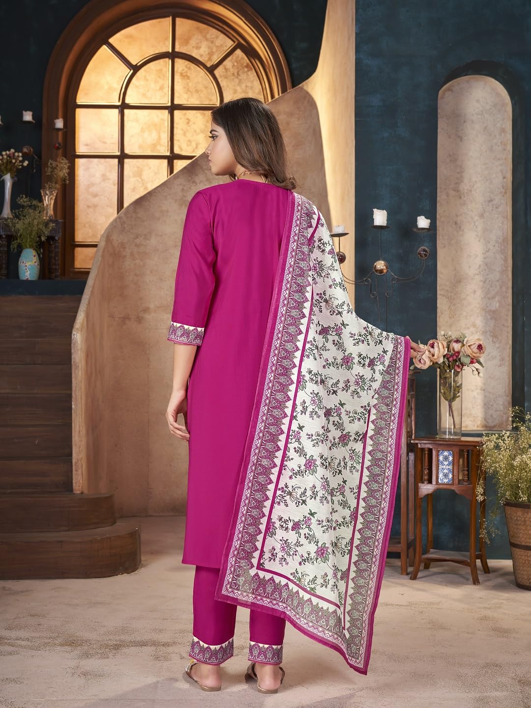 Stylum WomenS Magenta Solid & Embroidered Silk Straight Kurta Pant Dupatta Set