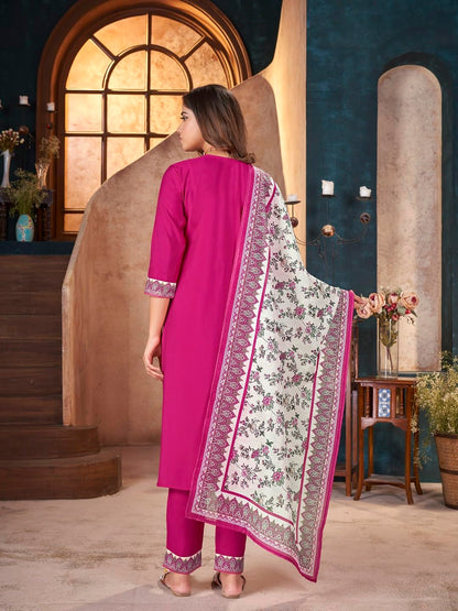 Stylum WomenS Magenta Solid & Embroidered Silk Straight Kurta Pant Dupatta Set