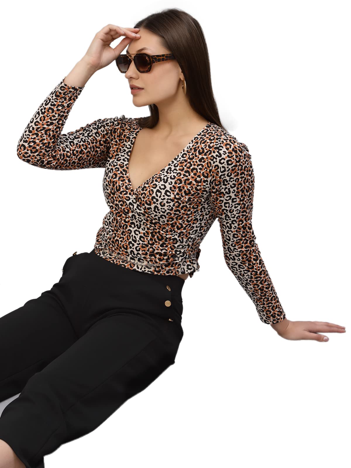 Rigo Women Animal Print Wrap Crop Top