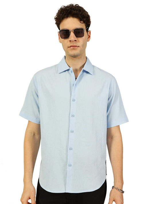 Thomas Scott Regular Fit Self Design Textured Cuban Collar Casual Shirt for Mens Light Blue