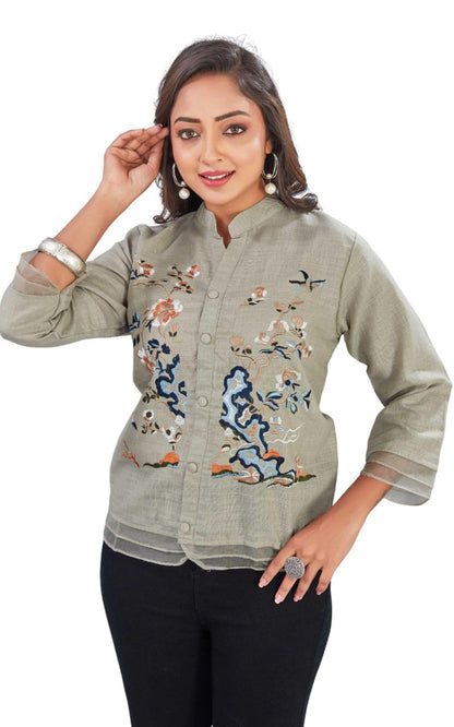 Kesudi WomenS Embroidered Button-Down Shirt For WomenS | Casual Wear Floral Design Tunic Shirt | 3/4 Sleeve Mandarin Collar Sh