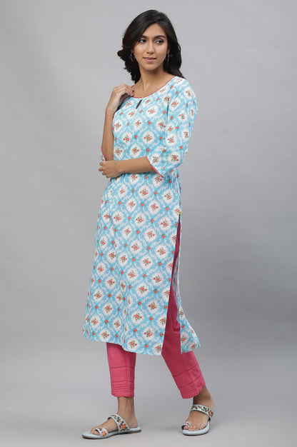 Aurelia Womens Blue Geometric Printed Printed Lace Cotton Straight Long Kurta