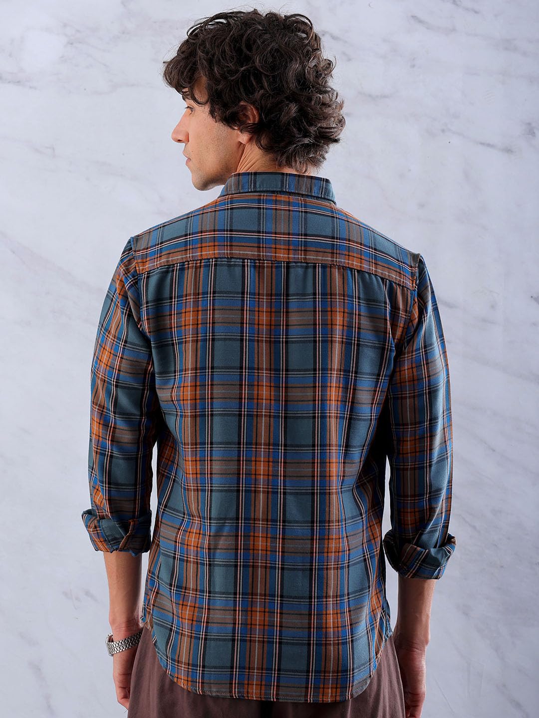 The Indian Garage Co Mens Teal Cotton Slim Fit Full Sleeve Checked Shirt