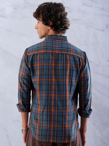 The Indian Garage Co Mens Teal Cotton Slim Fit Full Sleeve Checked Shirt
