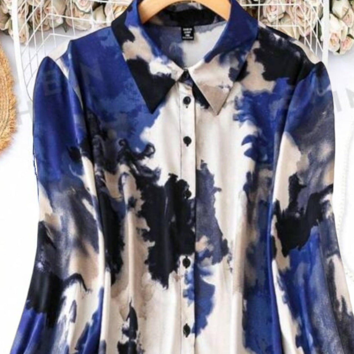 Gufrina WomenS Rayon Dress With Long Puff Sleeves Mandarin Collared Neck Tie Die Printed A-Line Style Regular Fit And Knee Leng