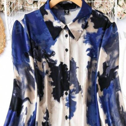 Gufrina WomenS Rayon Dress With Long Puff Sleeves Mandarin Collared Neck Tie Die Printed A-Line Style Regular Fit And Knee Leng