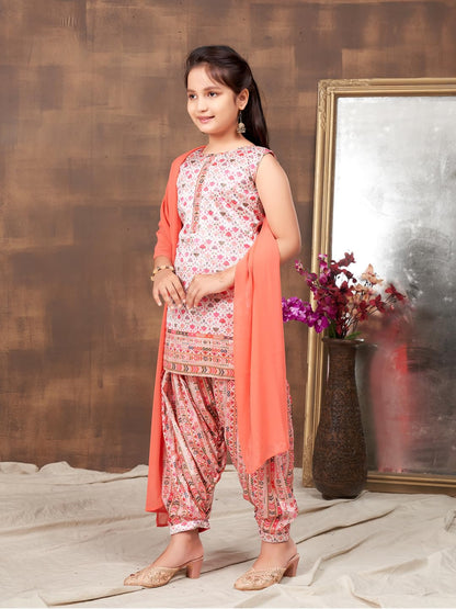 Aarika Girls Ethnic Wear Pink Colour Floral Print Silk Kurti Patiala Set (4-10 Years)