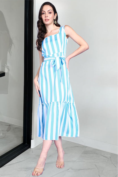 Popwings Women Casual Sky Blue & White Stripe Long Belt Dress Dress | Stylish Dress | Trendy Dress