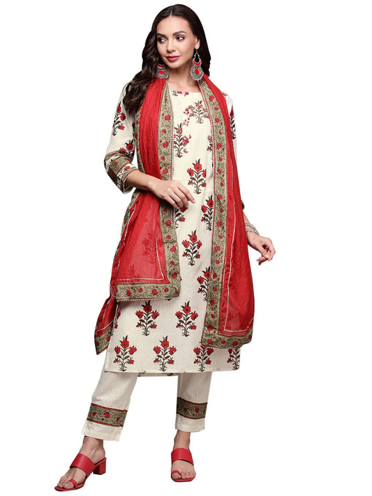 anubhutee Women's Cotton Off White Floral Printed Straight Kurta Suit Set With Pants And Dupatta
