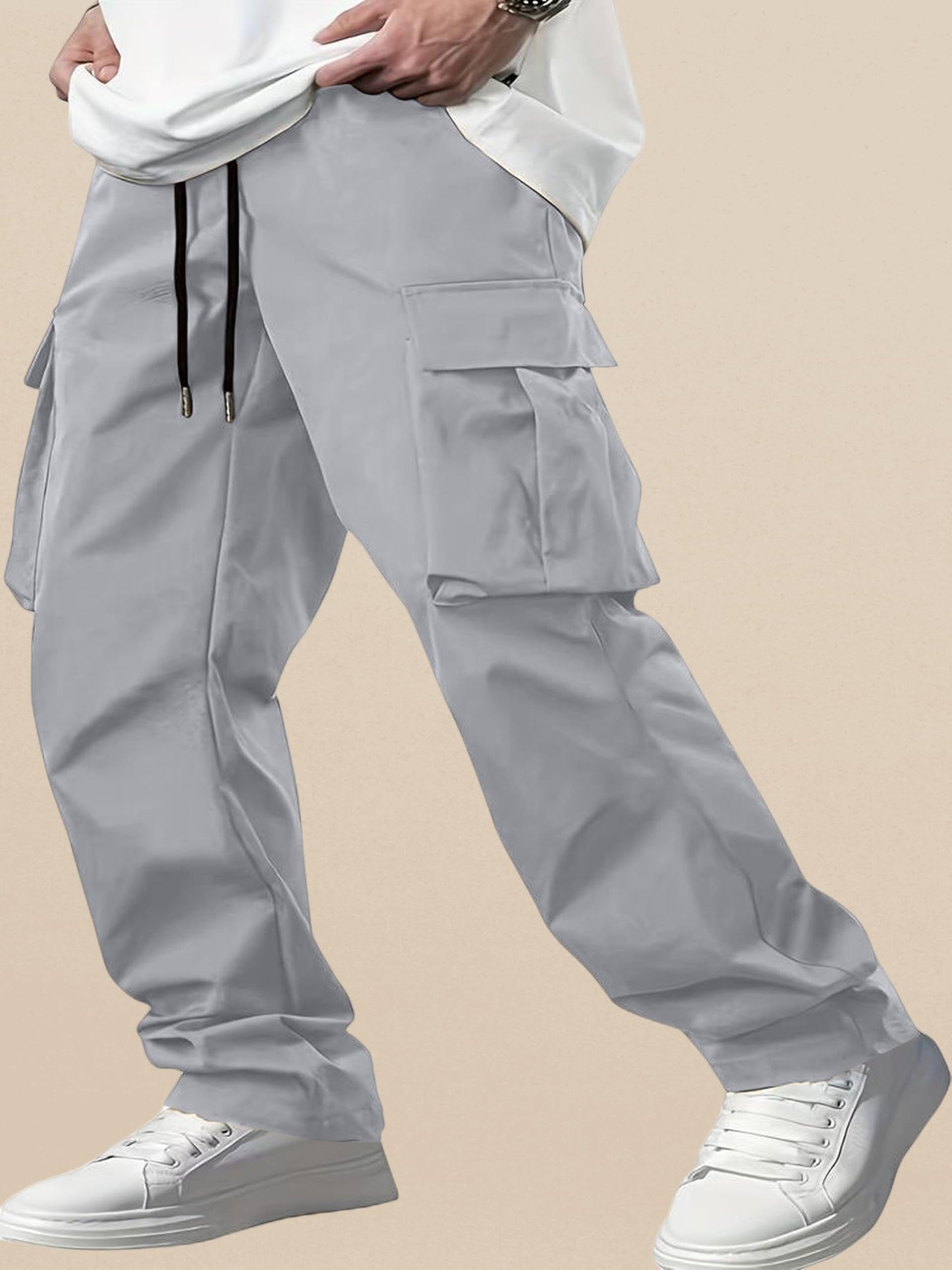 Indoprimo MenS Cotton Trousers Cargo Style With Drawstring Both Side Pockets Solid Pattern Regular Fit And Long Length Grey