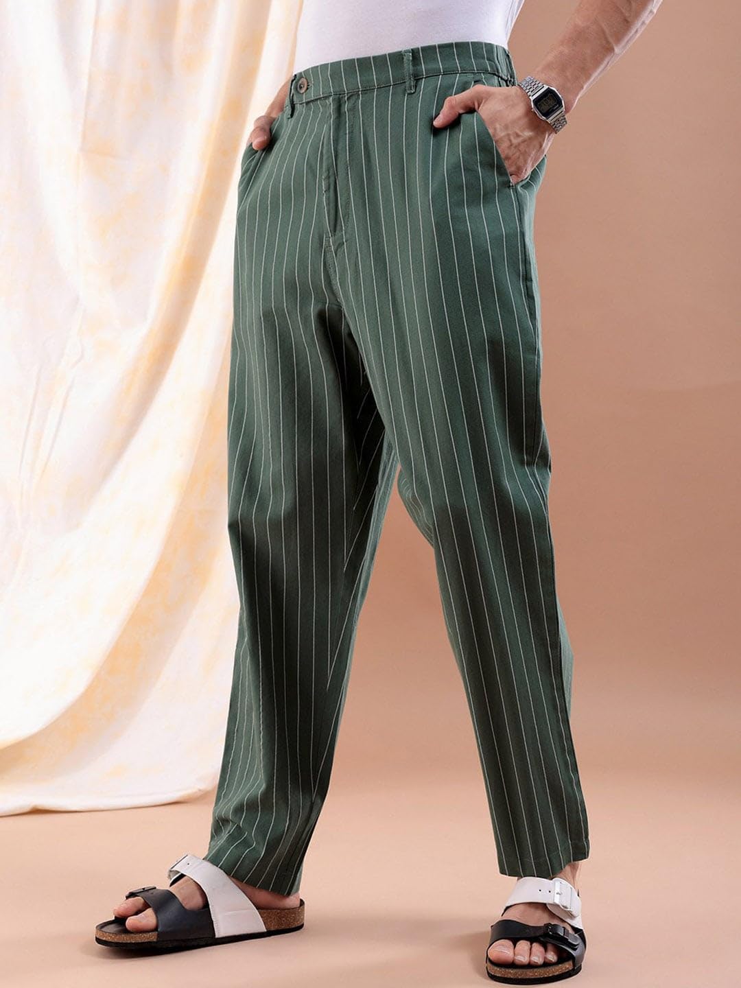 The Indian Garage Co Men Relaxed Cropped Vertical Striped Mid-Rise Trousers