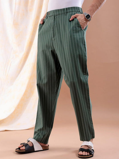 The Indian Garage Co Men Relaxed Cropped Vertical Striped Mid-Rise Trousers