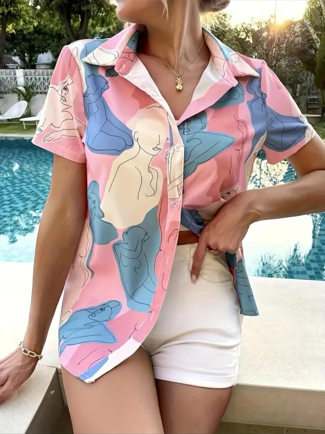 Gufrina Top For Women Stylish Western|Shirt Type Top|Half Sleeve|Fabric Rayon| Collar Neck |Abstract Figure Print|Casual Regular