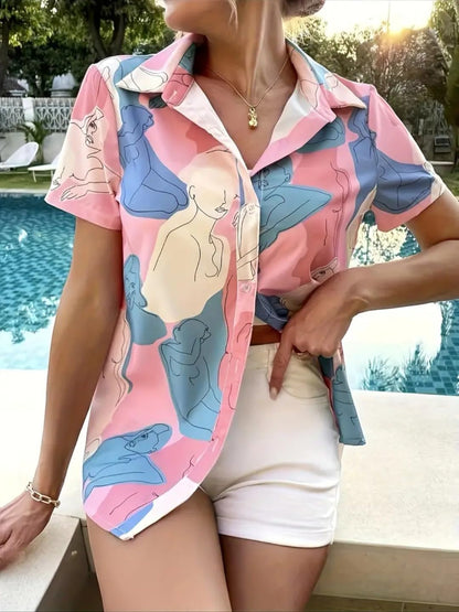 Gufrina Top For Women Stylish Western|Shirt Type Top|Half Sleeve|Fabric Rayon| Collar Neck |Abstract Figure Print|Casual Regular