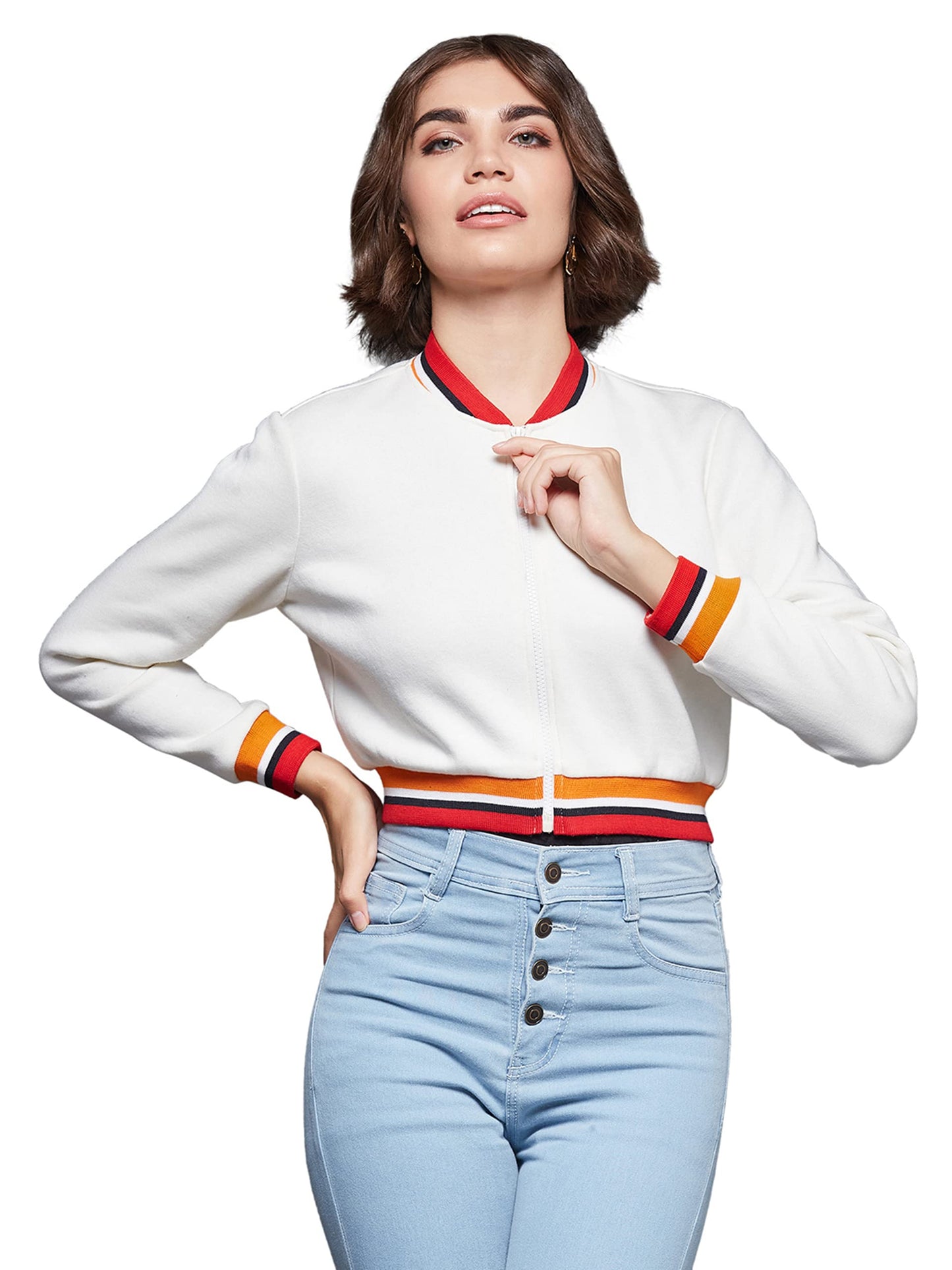 Miss Chase WomenS Off White V-Neck Full Sleeves Bomber Cropped Jacket (Mcaw19Jkt02-99-114-05, Off White, L)