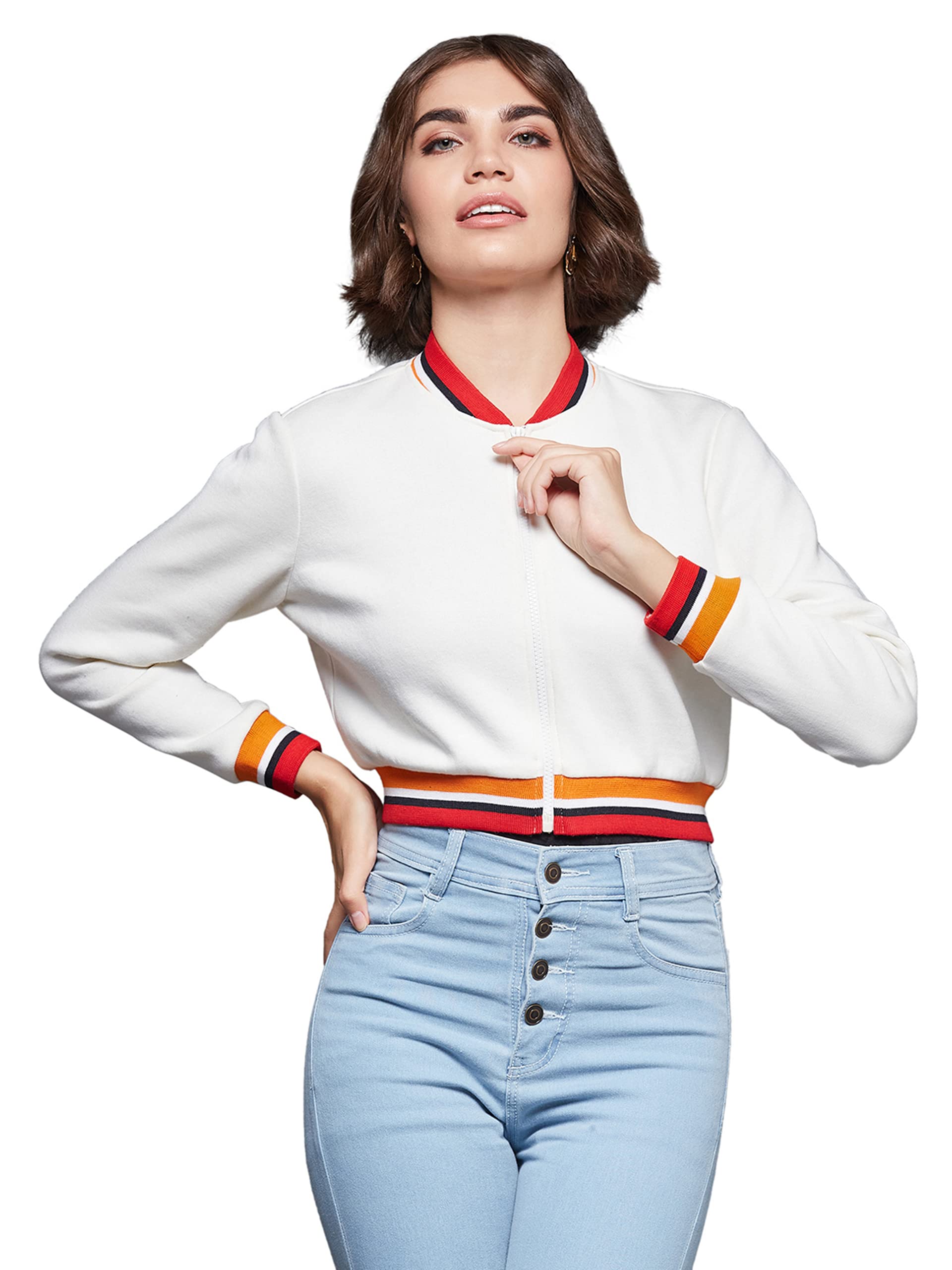Miss Chase WomenS Off White V-Neck Full Sleeves Bomber Cropped Jacket (Mcaw19Jkt02-99-114-05, Off White, L)