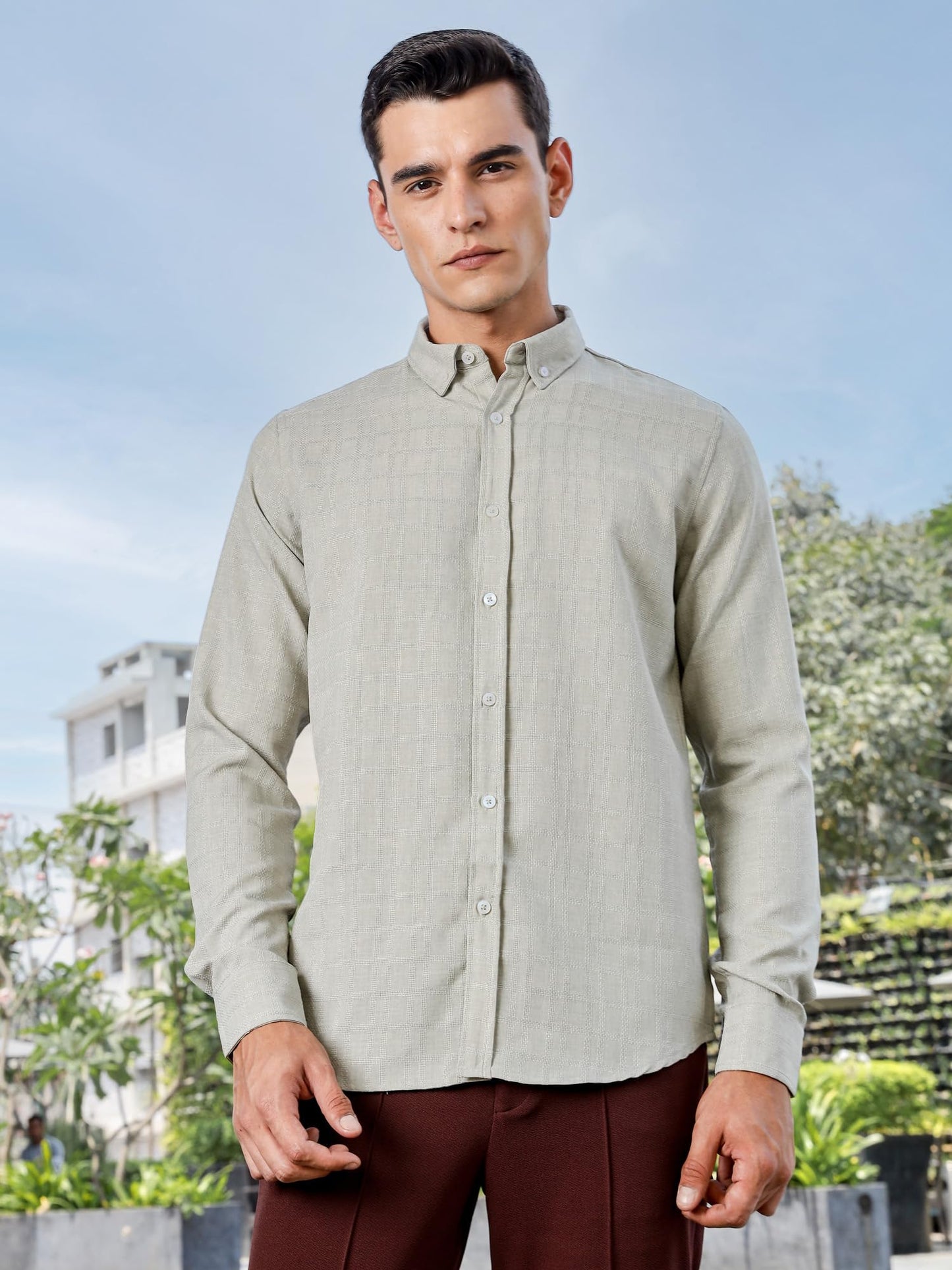 Thomas Scott Mens | Self Designed | Full Sleeves | Solid | Button Down Collar | Slim Fit | Polyster Blend | Shirt | (TS1718_Gre