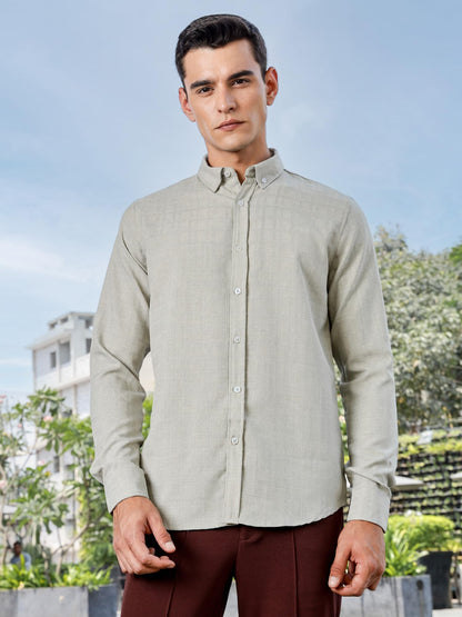 Thomas Scott Mens | Self Designed | Full Sleeves | Solid | Button Down Collar | Slim Fit | Polyster Blend | Shirt | (TS1718_Gre