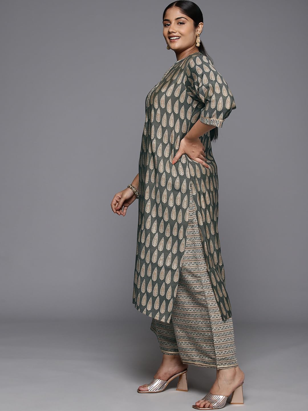Extra Love By Libas Womens Printed Silk Blend Straight Kurta With Palazzos