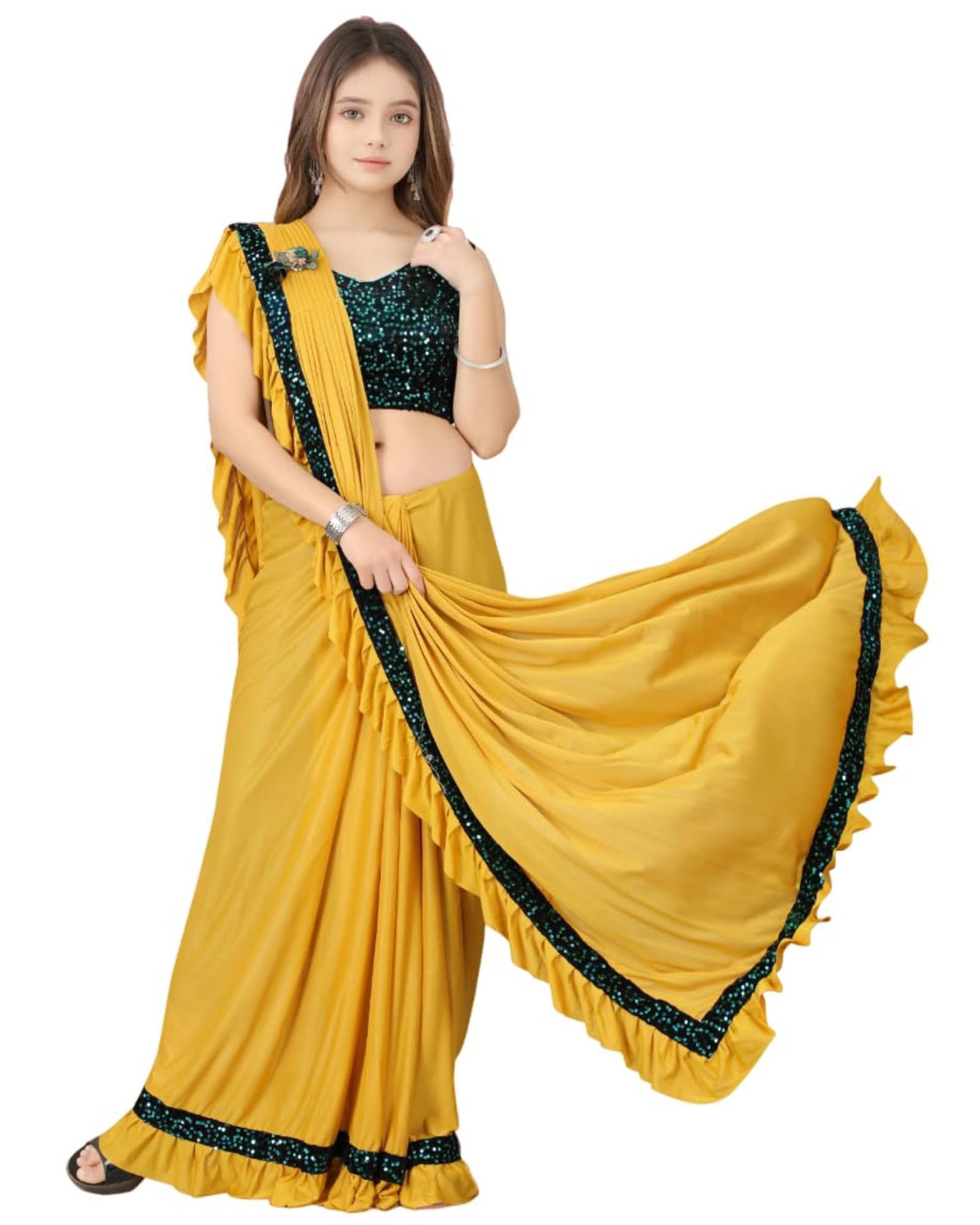 Dhyey Fashion Fashionable Baby Girls Lycra Blend Saree With Velvet Unstitched Blouse Piece | Readymade Saree For Girls | Sarees