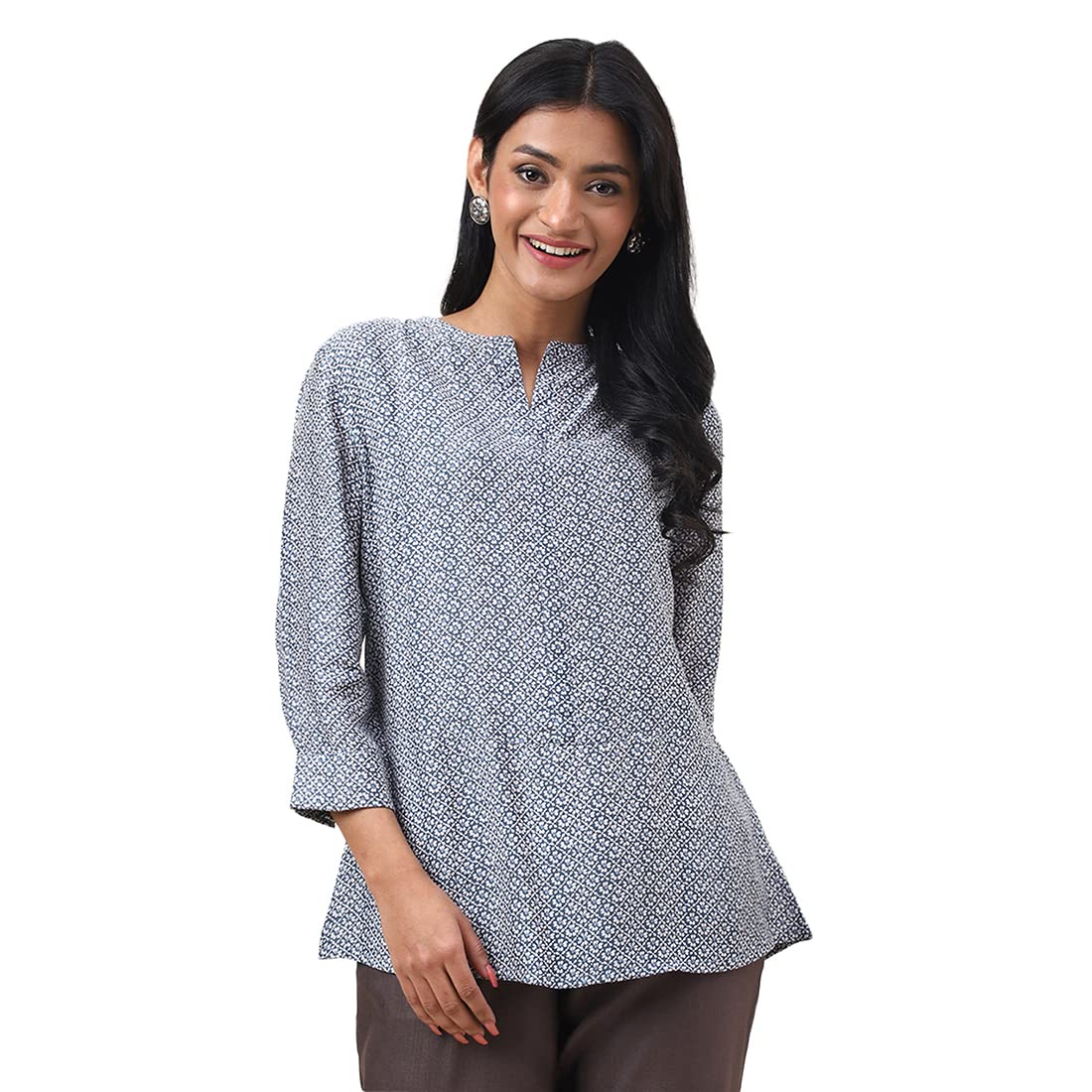 Fabindia WomenS Printed Regular Fit Top (2110590Blue_Blue