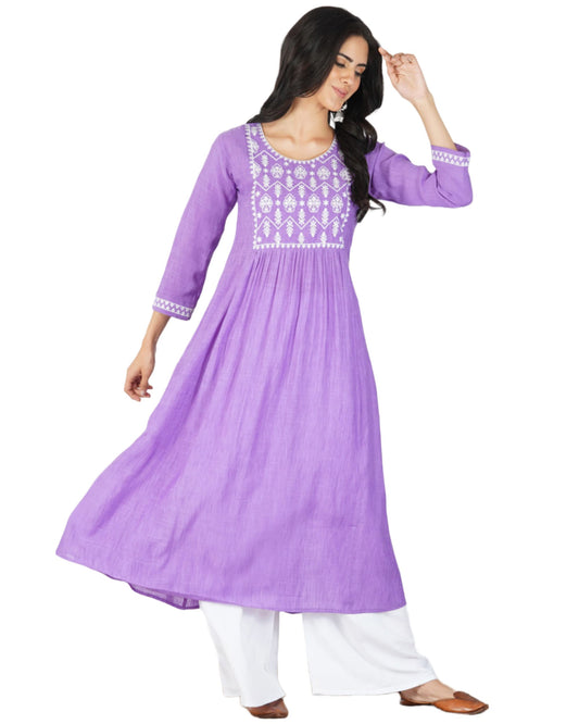 GoSriKi Women's Cotton Blend Embroidered Anarkali Kurta (Seat Purple-GS)
