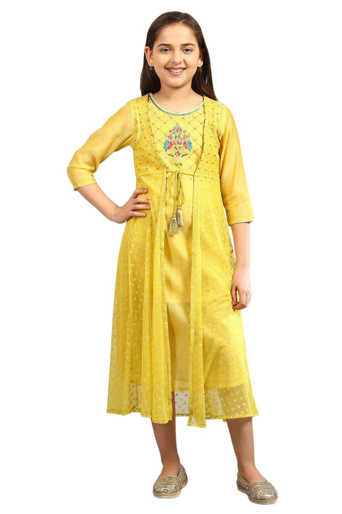 Yellow Short Dress-Gilet Girls Set