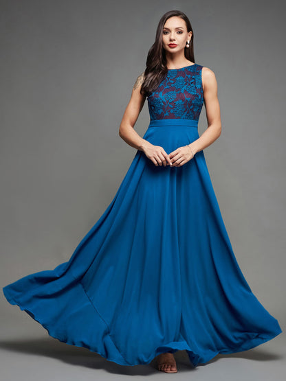 Miss Chase WomenS Round Neck Sleeveless Georgette Floral Lace Fit & Flare Maxi Dress Royal Blue