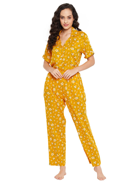 Clovia Womens Rayon Pretty Floral Button Me Up Shirt & Pyjama Set (LS0385E02_Yellow_L)