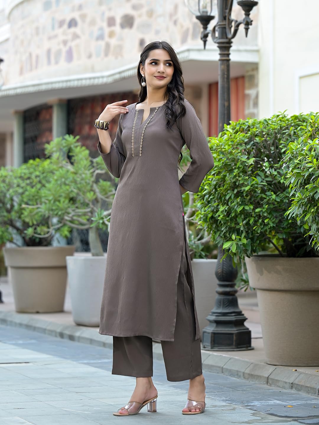 Varanga Women Taupe Crepe Round Neck Kurta with Bottom, Three-Quarter Sleeves, Straight Cut, Side Slit, Tonal Bottom