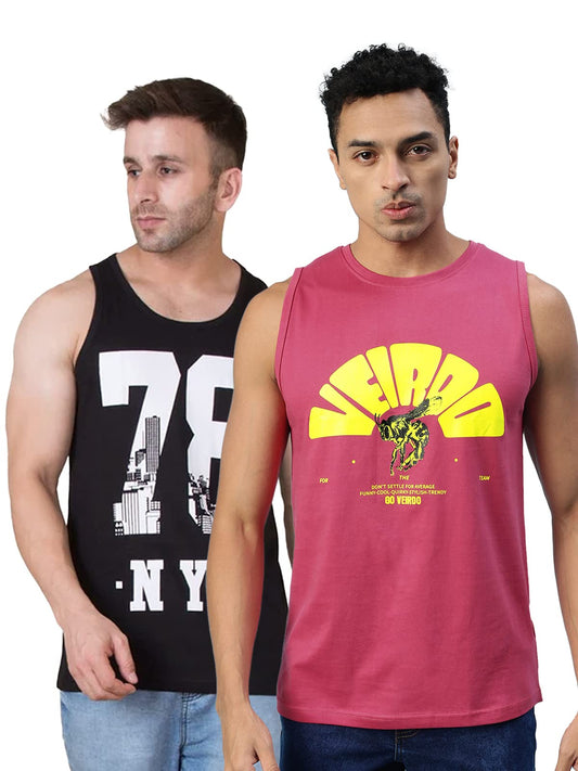 Veirdo Mens Regular Fit Sleeveless Graphic Star Printed T-Shirt Combo Po2 G5 Vrdvm Star