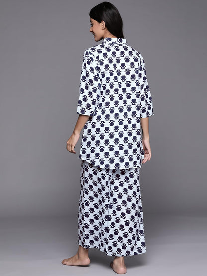 Libas Womens Printed Cotton Blend Night Suit Set For Women White