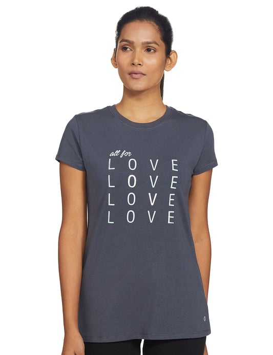 Enamor Essentials Womens Short Sleeve Crew Neck Slim Fit Breathable Stretch Cotton Tee With Graphic - E147(E147-Blue Night W/ A