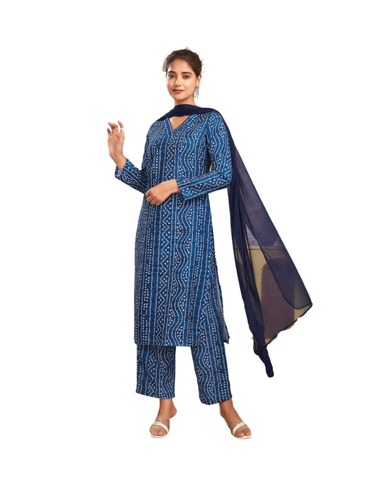 Sanisa Women's Rayon Blend Bandhani Printed Straight Kurta with Pant and Dupatta Set