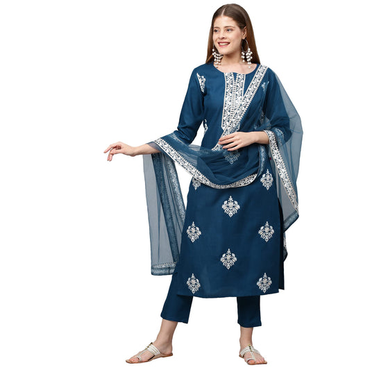 ANNI DESIGNER Women's Cotton Blend Straight Embroidered Kurta Set with Dupatta (Weekend-New)
