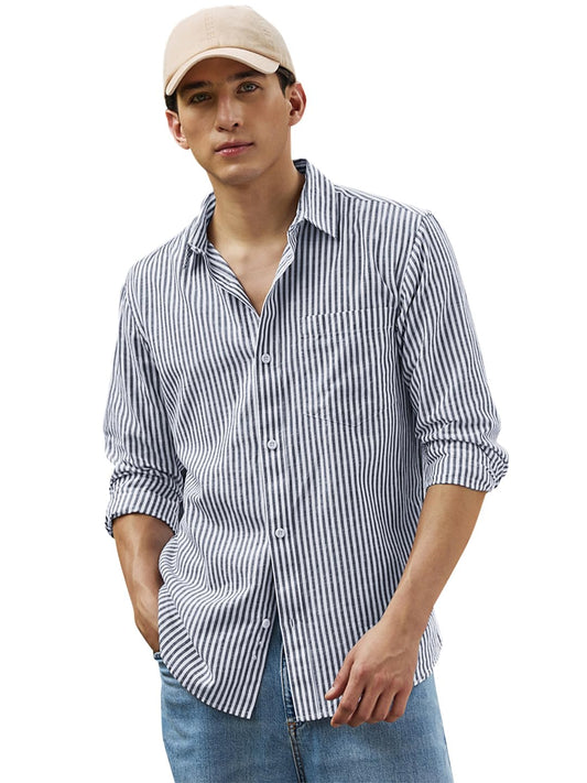 Bewakoof Mens Striped Regular Fit Full Sleeve Collar Cotton Linen Blend Shirt_682791_White_XL
