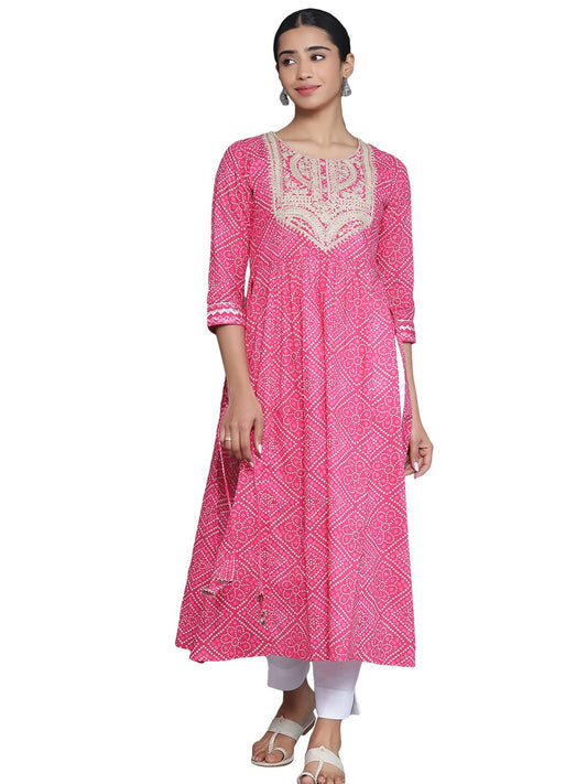 Libas Pink Printed Cotton A-Line Kurta