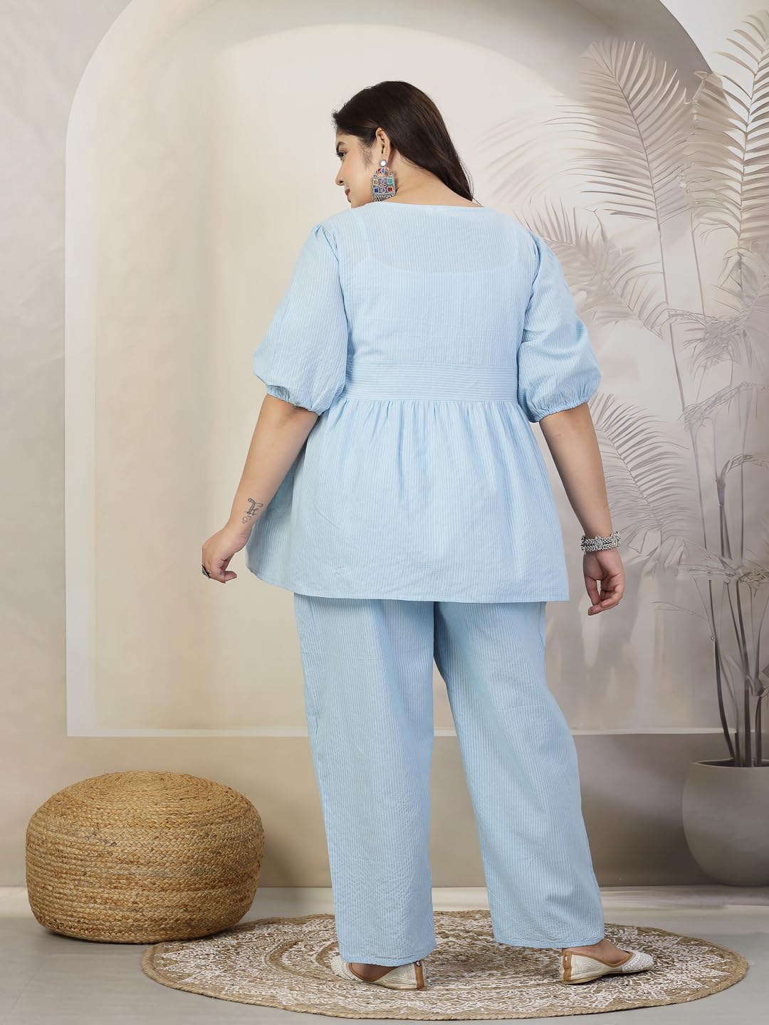 Stylum Womens Plus Size Self Woven Kantha Cotton Kurti Pant Set