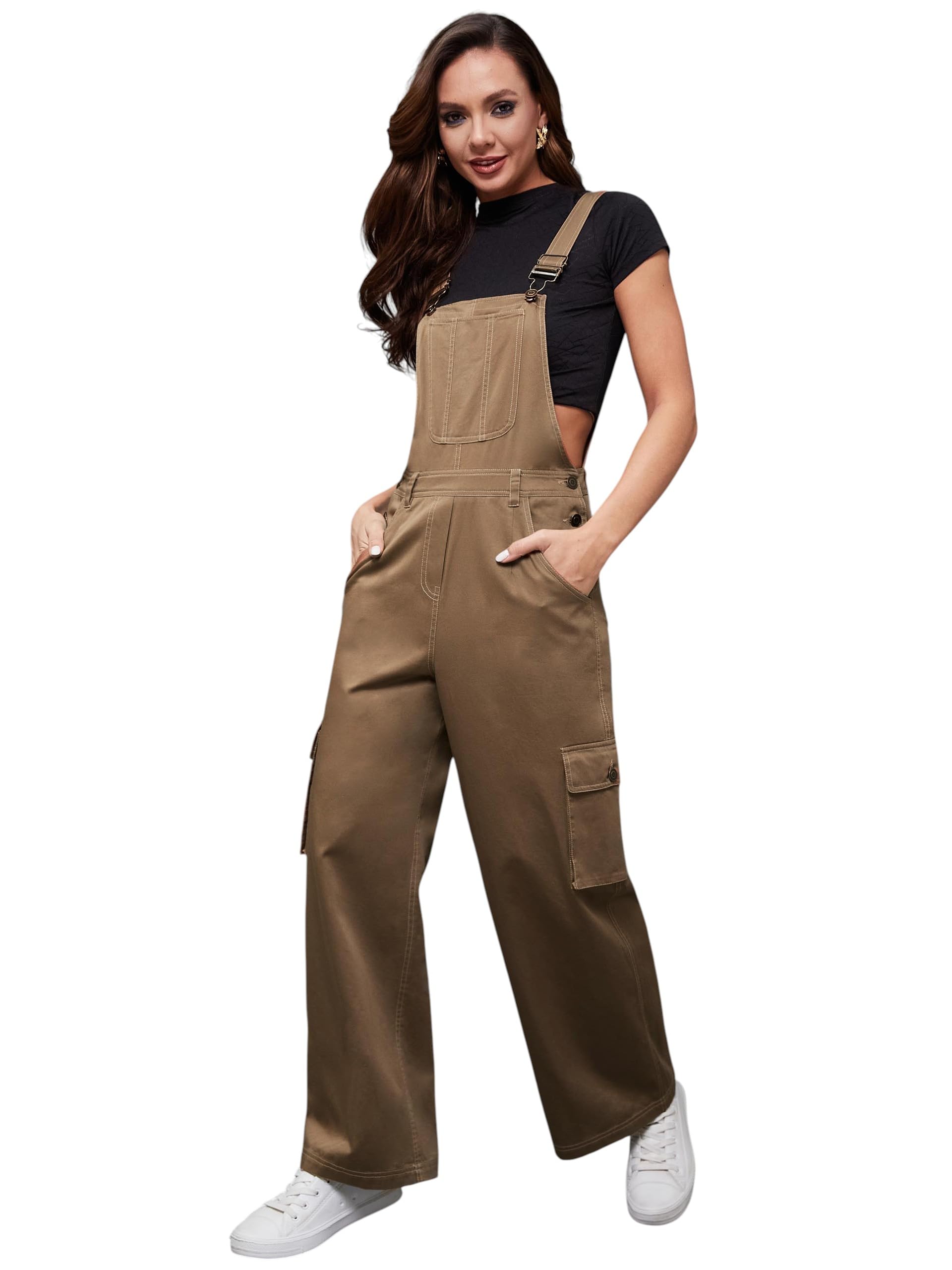 Miss Chase Womens Square Neck Sleeveless Wide-Leg Regular-Length Cotton Dungaree (MCSS24D19-45-187-04, Olive, M)