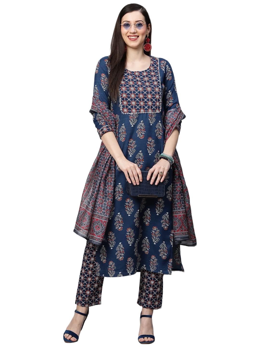 GoSriKi Women's Cotton Blend Straight Printed Kurta with Pant & Dupatta Set (Jasmine-NV-GS)