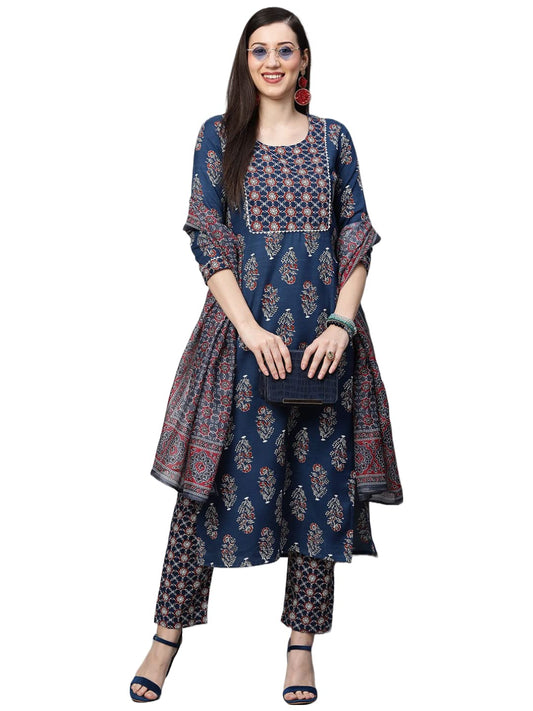 GoSriKi Women's Cotton Blend Straight Printed Kurta with Pant & Dupatta Set (Jasmine-NV-GS)