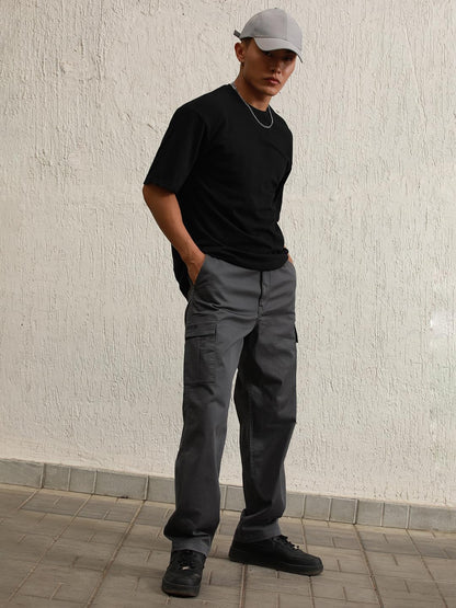 Hubberholme Men Charcoal Cotton Loose Fit Mid-Rise Trousers