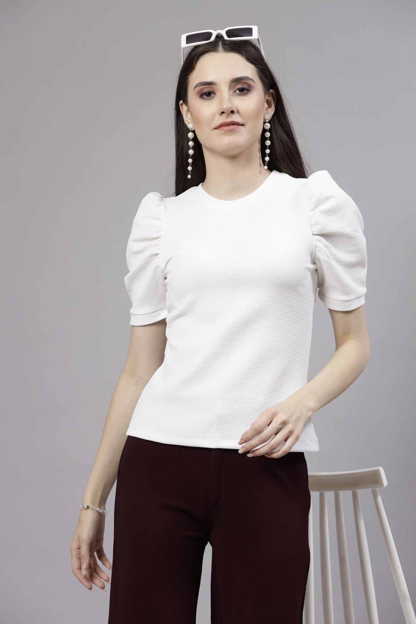 Style Quotient Women White Poly Knit Smart Casual Top
