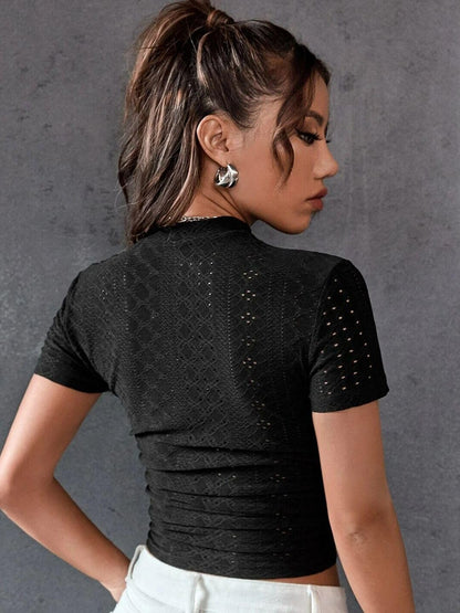 Sugathari Girls & Womens Black Casual Semitransparent Cropped High-Neck Lace Trim Ladies T-Shirt, Short Sleeve Schiffli Crop T