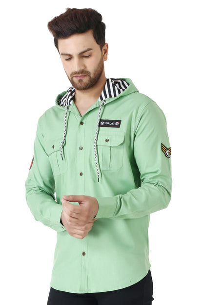 Besix MenS Green Tailored Fit Cotton Blend Shirt For Man With Hoodie - Casual Long Sleeve Shirt With Pockets - Patch Detail For