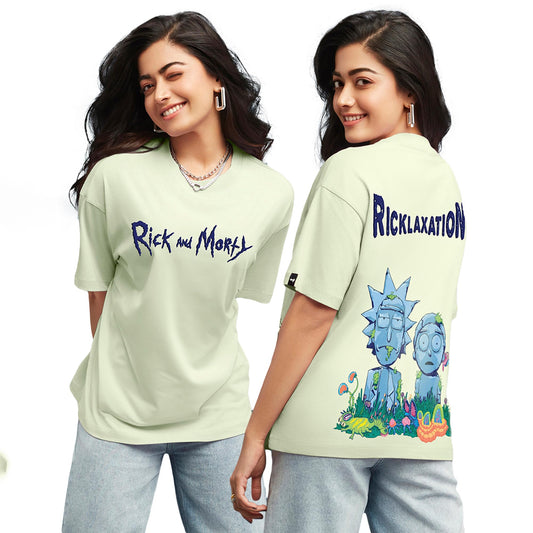 Bewakoof X Official Rick and Morty Merchandise Womens Stoned Rick & Morty Graphic Printed 100% Cotton T-Shirt - Oversized Fit,