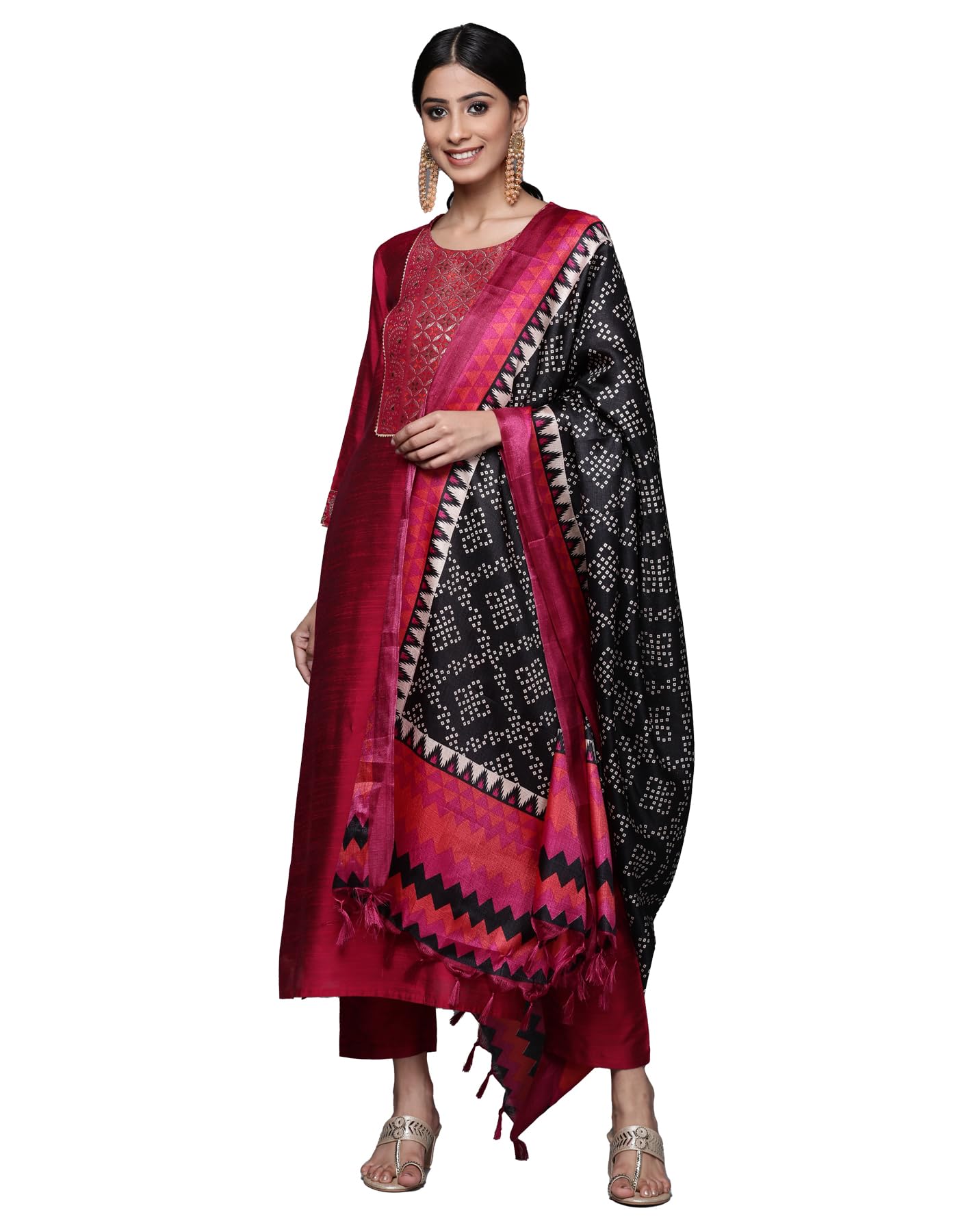 Varanga Magenta Silk Kurta Set For Women  Elegant Woven Yoke, Gota Embellishment, Elasticated Trouser, Side Slits  Stylish & Com